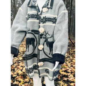 Vintage Gray Wool Button-Up Jacket With Black Reindeer & Snowflake Design Handma